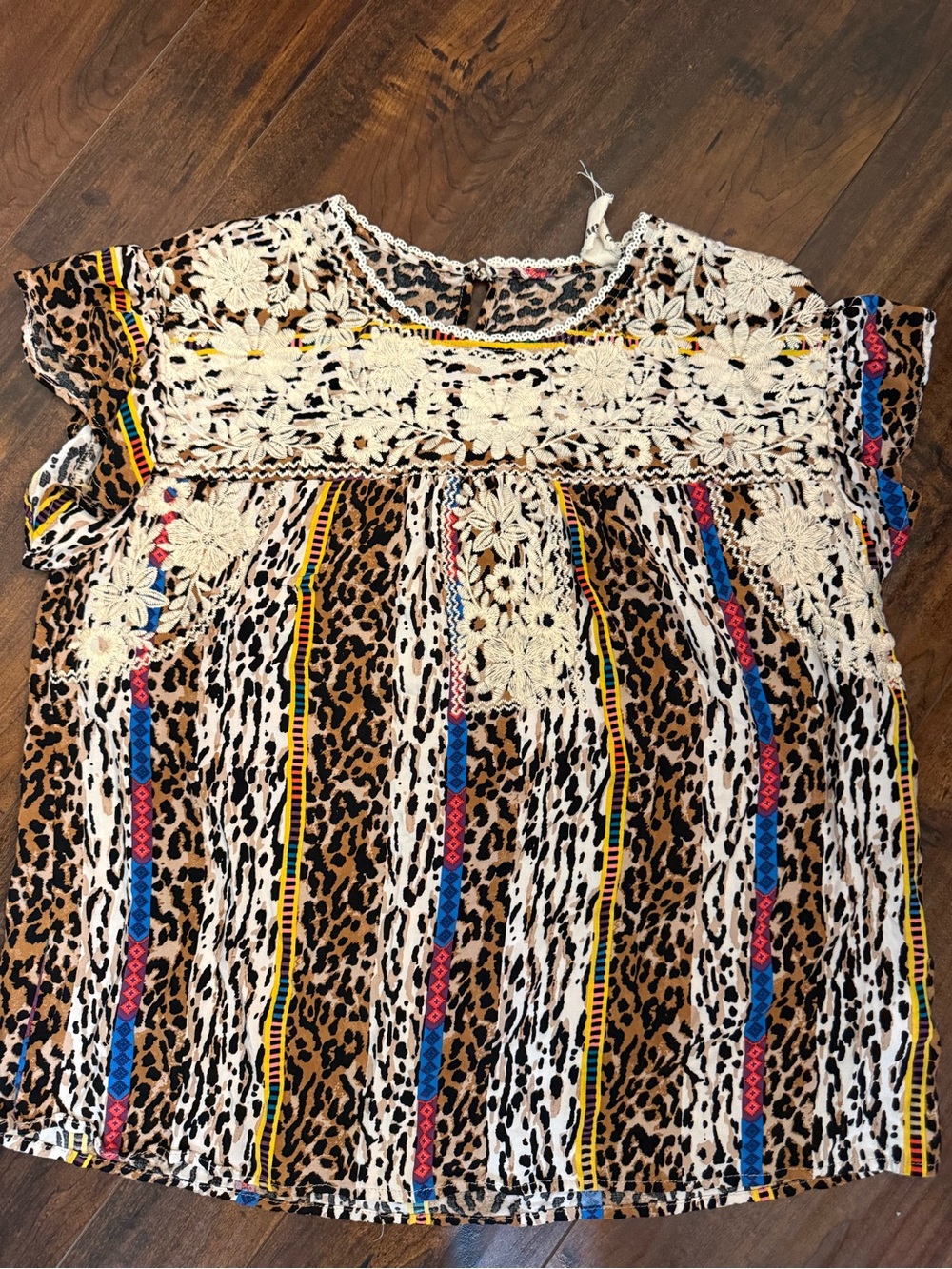 SavannaJane Leopard Print Crochet Yoke Top - Brown/Cream